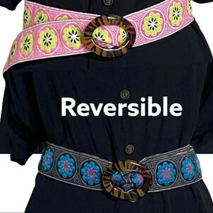 Bohemian pink + blue embroidered reversible belt with turquoise‎ shell buckle L